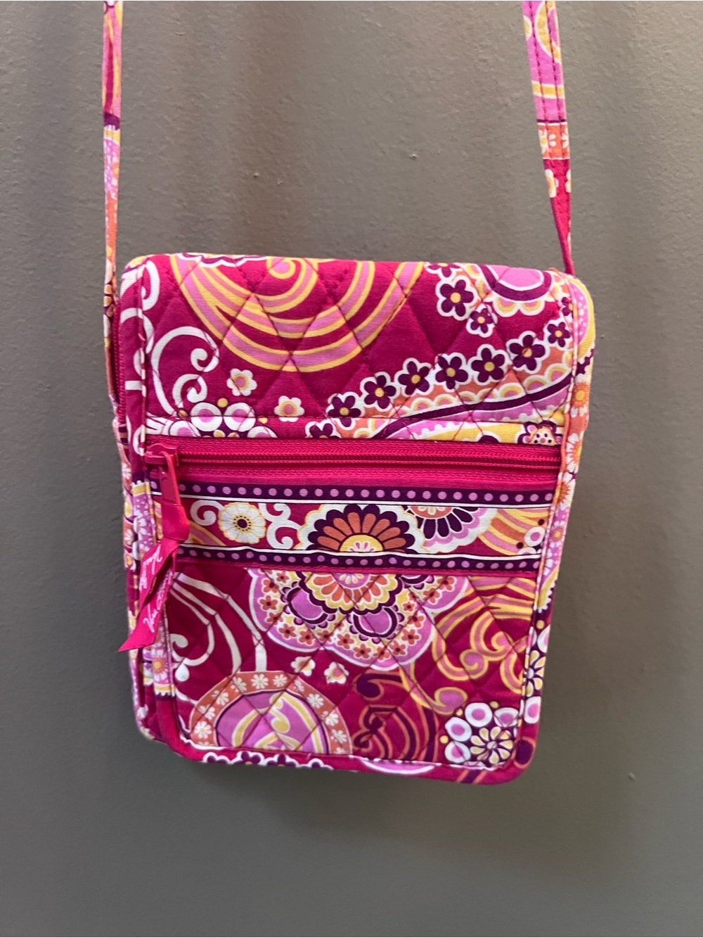 Vera Bradley Floral Quilted Pinks and Oranges Crossbody Bag with Front Zip